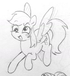 Size: 1597x1724 | Tagged: safe, artist:ch-chau, derpy hooves, pegasus, pony, blush sticker, blushing, cute, female, flying, mare, monochrome, open mouth, sketch, solo, spread wings, traditional art, wings