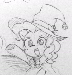 Size: 1462x1527 | Tagged: safe, artist:ch-chau, pinkie pie, earth pony, pony, cape, clothes, cute, female, hat, mare, monochrome, open mouth, raised hoof, sketch, smiling, solo, traditional art, witch hat