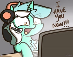 Size: 3250x2560 | Tagged: safe, artist:kimjoman, derpibooru import, lyra heartstrings, pony, unicorn, among us, chest fluff, computer, desk, female, headphones, keyboard, mare, open mouth, solo