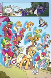 Size: 600x923 | Tagged: safe, derpibooru import, idw, apple bloom, apple fritter, apple strudel, applejack, aunt orange, auntie applesauce, babs seed, big macintosh, braeburn, caramel, carrot top, discord, golden harvest, goldengrape, granny smith, mosely orange, piña colada, sir colton vines iii, uncle orange, draconequus, earth pony, pony, spoiler:comic, spoiler:friendship in disguise, spoiler:friendship in disguise04, apple family, apple family member, avengers: endgame, bombshell (insecticon), friendship in disguise, insecticons, kickback, portal, preview, shrapnel, transformers