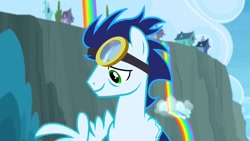 Size: 1280x720 | Tagged: safe, derpibooru import, screencap, soarin', pegasus, rainbow falls, goggles, male, solo, stallion