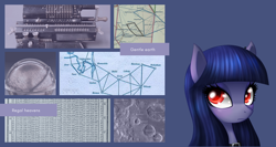 Size: 3000x1600 | Tagged: safe, artist:leffenkitty, derpibooru import, editor:kopaleo, oc, oc only, oc:cosmia nebula, astronomy, logarithm, map, math, mechanical calculator, moodboard, moon, orrery, solo