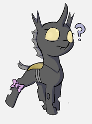 Size: 435x588 | Tagged: safe, artist:heretichesh, derpibooru import, oc, oc:konica, changeling, nymph, bow, female, filly, question mark, solo, yellow changeling