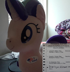 Size: 682x703 | Tagged: safe, derpibooru import, starlight glimmer, pony, unicorn, 2020 election, election, i voted sticker, photo, plushie, solo, sticker, united states, vote