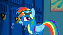 Size: 1280x720 | Tagged: safe, derpibooru import, screencap, rainbow dash, pegasus, pony, newbie dash, clothes, cute, dashabetes, female, goggles, solo, uniform, wonderbolts, wonderbolts uniform