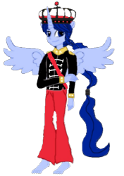 Size: 420x597 | Tagged: safe, artist:loomytyranny, derpibooru import, oc, oc:frenchie colonial, alicorn, hybrid, equestria girls, 1000 hours in ms paint, barefoot, crown, europe, feet, france, french, jewelry, male, monarch, monarchist, png, ponytail, regalia, wings