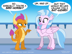 Size: 1200x900 | Tagged: safe, artist:tim-kangaroo, derpibooru import, silverstream, smolder, dragon, hippogriff, dialogue, duo, duo female, equestria daily, female, pointing, smiling, speech bubble