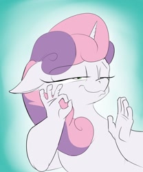 Size: 1280x1536 | Tagged: safe, artist:rocket-lawnchair, derpibooru import, sweetie belle, pony, unicorn, female, filly, gradient background, hand, meme, pacha, ponified meme, solo, suddenly hands, the emperor's new groove, when x just right