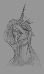 Size: 650x1100 | Tagged: safe, artist:stray prey, derpibooru import, queen chrysalis, changeling, changeling queen, eyes closed, fangs, female, gray background, mawshot, open mouth, simple background, sketch, solo, tongue out