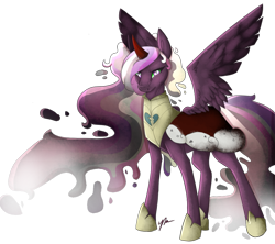 Size: 989x879 | Tagged: safe, artist:kohikurima, derpibooru import, king sombra, princess cadance, alicorn, pony, umbrum, armor, bevor, broken, chestplate, clothes, colored horn, criniere, croupiere, crystal heart, cuirass, curved horn, dark magic, disembodied horn, fauld, female, fusion, fusion:queen sombra cadenza, gorget, hoof shoes, horn, jewelry, magic, peytral, plackart, regalia, shattered, shoes, simple background, solo, sombra eyes, sombra horn, sombra's cape, sombra's horn, sombra's robe, transparent background, wavy mane