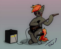 Size: 2982x2368 | Tagged: safe, artist:colourwave, derpibooru import, oc, oc only, oc:deafjaeger, earth pony, pony, semi-anthro, cyber eyes, earth pony oc, gift art, glasses, guitar, happy birthday!, male, musical instrument, sitting, solo