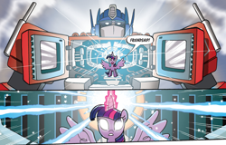 Size: 1988x1275 | Tagged: safe, artist:tonyfleecs, derpibooru import, idw, twilight sparkle, twilight sparkle (alicorn), alicorn, pony, robot, spoiler:comic, spoiler:friendship in disguise, spoiler:friendship in disguise04, autobot, crossover, female, male, matrix of leadership, optimus prime, transformers, white eyes