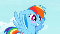 Size: 1920x1080 | Tagged: safe, derpibooru import, screencap, rainbow dash, pegasus, pony, the mysterious mare do well, blush sticker, blushing, cute, dashabetes, floppy ears, flying, grin, smiling, wings