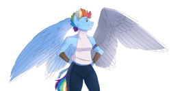 Size: 5883x3134 | Tagged: safe, artist:shimazun, derpibooru import, rainbow dash, anthro, pony, fanfic:my little pony: the unexpected future, the cutie re-mark, alternate timeline, amputee, apocalypse dash, armor, artificial wings, augmented, badass, cheek fluff, clothes, commission, crystal war timeline, female, frown, glare, prosthetic limb, prosthetic wing, prosthetics, simple background, solo, white background, wings