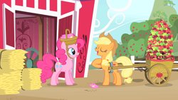 Size: 1920x1080 | Tagged: safe, derpibooru import, screencap, applejack, pinkie pie, earth pony, pony, party of one, apple, cart, female, food, hay bale, mare