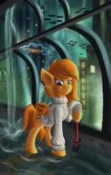 Size: 2389x3765 | Tagged: safe, artist:qbellas, derpibooru import, oc, oc only, oc:autumn breeze, bat pony, bioshock, looking at you, rapture, solo