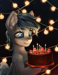 Size: 1919x2500 | Tagged: safe, artist:inowiseei, derpibooru import, oc, oc only, oc:lonepegasus, pegasus, pony, birthday cake, cake, food, portal (valve), solo, the cake is a lie