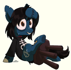 Size: 1958x1910 | Tagged: safe, artist:kotya, derpibooru import, earth pony, pony, undead, zombie, zombie pony, bags under eyes, blood, bone, bring me the horizon, clothes, fangs, full body, hoof on head, lip piercing, long sleeves, lying down, male, oliver sykes, on back, piercing, ponified, rainbow blood, scar, shirt, simple background, solo, stallion, stitches, stool, tattoo, torn ear, underhoof, white background