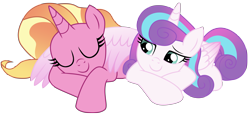 Size: 11969x5479 | Tagged: safe, artist:ejlightning007arts, derpibooru import, luster dawn, princess flurry heart, alicorn, unicorn, the last problem, covering, cute, eyes closed, female, flurrybetes, flurrydawn, lesbian, lusterbetes, lying down, older, older flurry heart, shipping, simple background, sleeping, smiling, transparent background, vector, wing covering