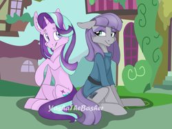 Size: 1600x1200 | Tagged: safe, artist:yashathebasher, derpibooru import, maud pie, starlight glimmer, earth pony, pony, unicorn, cheek fluff, female, smiling