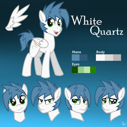 Size: 2048x2048 | Tagged: safe, artist:whitequartztheartist, derpibooru import, oc, oc:white quartz, pegasus, blue mane, green eyes, reference sheet, solo