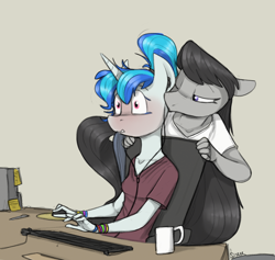 Size: 950x900 | Tagged: safe, artist:sinrar, derpibooru import, dj pon-3, octavia melody, vinyl scratch, anthro, alternate hairstyle, blushing, chair, desk, earbuds, female, keyboard, kiss on the cheek, kissing, lesbian, missing accessory, mug, ponytail, scratchtavia, shipping, shrunken pupils, sitting