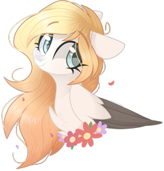 Size: 1593x1668 | Tagged: safe, artist:cinnamontee, derpibooru import, oc, oc only, pegasus, pony, chest fluff, female, flower, mare, simple background, smiling, solo, transparent background