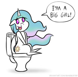 Size: 435x426 | Tagged: safe, artist:banebuster, derpibooru import, princess celestia, alicorn, pony, series:tiny tia, but why, open mouth, pointy ponies, simple background, speech bubble, toilet, wat