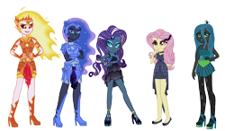 Size: 6720x3920 | Tagged: safe, artist:lightningsentry1, derpibooru import, daybreaker, fluttershy, nightmare moon, nightmare rarity, queen chrysalis, bat pony, changeling, changeling queen, equestria girls, alternate hairstyle, armor, boots, bracelet, choker, clothes, crown, dress, equestria girls-ified, eyeshadow, female, flats, flutterbat, gloves, headband, helmet, high heel boots, high heels, jewelry, lipstick, makeup, mary janes, open mouth, race swap, regalia, shoes, siblings, simple background, sisters, skirt, torn stockings, transparent background