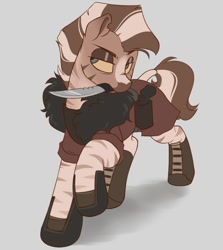 Size: 1335x1500 | Tagged: safe, artist:crimmharmony, derpibooru import, oc, oc only, zebra, boots, clothes, gun, handgun, holster, knife, lidded eyes, mouth hold, pistol, raised hoof, shoes, solo, zebra oc