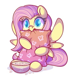 Size: 1123x1200 | Tagged: safe, artist:musicfirewind, derpibooru import, fluttershy, pegasus, pony, bowl, colored pupils, cute, food, hug, pillow, pillow hug, popcorn, shyabetes, solo, ych example, your character here