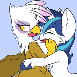 Size: 1536x1536 | Tagged: safe, artist:steelsoul, colorist:deserter, derpibooru import, gilda, shining armor, griffon, pony, unicorn, blushing, female, gildarmor, hug, infidelity, male, shipping, straight