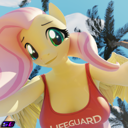 Size: 2160x2160 | Tagged: safe, artist:shadowboltsfm, derpibooru import, fluttershy, anthro, pegasus, plantigrade anthro, 3d, baywatch, blender, breasts, eyelashes, female, high res, hootershy, lifeguard, looking at you, looking down, looking down at you, offscreen character, palm tree, pov, smiling, tree