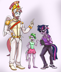 Size: 1102x1304 | Tagged: safe, artist:urhangrzerg, derpibooru import, barb, dusk shine, prince solaris, princess celestia, spike, twilight sparkle, alicorn, anthro, dragon, plantigrade anthro, pony, unicorn, female, male, rule 63