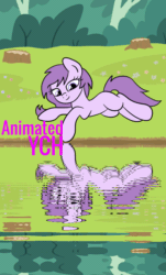 Size: 600x994 | Tagged: safe, artist:lannielona, derpibooru import, pony, advertisement, animated, commission, female, flower, gif, grass, lying down, mare, prone, reflection, solo, tree, tree stump, water, your character here