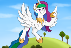 Size: 1200x800 | Tagged: safe, artist:rapid9, derpibooru import, princess celestia, alicorn, fly, insect, pony, between dark and dawn, flying, horseshoes, princess, sky