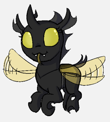 Size: 395x437 | Tagged: safe, artist:heretichesh, derpibooru import, oc, oc:vespa, changeling, nymph, buzzing wings, female, filly, tongue out, wings, yellow changeling