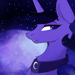 Size: 1500x1500 | Tagged: safe, artist:therealf1rebird, derpibooru import, princess luna, alicorn, pony, ethereal mane, female, galaxy mane, horn, jewelry, looking back, mare, necklace, smiling, solo