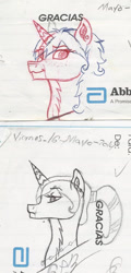 Size: 535x1111 | Tagged: safe, artist:twin-fan, derpibooru import, oc, oc only, pony, unicorn, bust, duo, ear piercing, horn, lineart, piercing, traditional art, unicorn oc