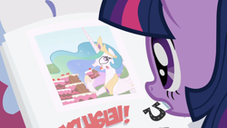 Size: 1920x1080 | Tagged: safe, derpibooru import, screencap, princess celestia, twilight sparkle, alicorn, pony, ponyville confidential, cake, cakelestia, food, it begins, meme origin, newspaper