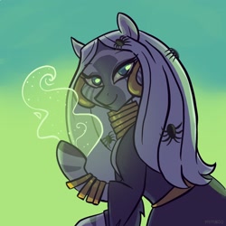 Size: 2048x2048 | Tagged: safe, artist:pfeffaroo, derpibooru import, zecora, spider, zebra, luna eclipsed, clothes, costume, ear piercing, earring, female, halloween, high res, holiday, hoof hold, hoof ring, jewelry, long mane, looking at you, magic, mare, neck rings, nightmare night, nightmare night costume, piercing, raised hoof, smiling, solo, three quarter view, witch, zebra magic