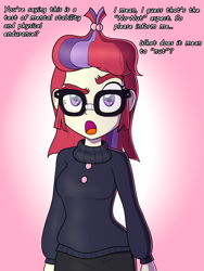 Size: 3000x4000 | Tagged: safe, artist:thealjavis, derpibooru import, moondancer, human, comic:no nut moondancer, equestria girls, clothes, cute, dancerbetes, dialogue, equestria girls-ified, female, glasses, hair bun, humanized, no nut november, raised eyebrow, redhead, simple background, solo, sweater, text