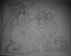 Size: 1440x1135 | Tagged: safe, artist:silentwolf-oficial, derpibooru import, oc, oc only, pegasus, pony, unicorn, :p, duo, flower, flower in hair, horn, lineart, looking at each other, pegasus oc, rose, tongue out, traditional art, unicorn oc, wings