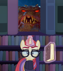 Size: 800x900 | Tagged: safe, derpibooru import, edit, edited screencap, screencap, moondancer, pony, unicorn, amending fences, book, clothes, ghostbusters, glasses, library, magic, magic aura, sweater, zuul