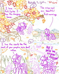 Size: 4779x6013 | Tagged: safe, artist:adorkabletwilightandfriends, derpibooru import, spike, twilight sparkle, twilight sparkle (alicorn), alicorn, dragon, spider, comic:adorkable twilight and friends, reflections, spoiler:comic, adorkable, adorkable twilight, autumn, butt, comic, cute, dork, falling leaves, leaves, magic, mountain, nature, path, plot, reflection, scared, scenery, slice of life, spider web, surprised, tree, walking