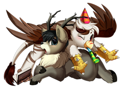 Size: 1280x931 | Tagged: safe, artist:pridark, derpibooru import, oc, oc:vermilion brightwing, deer, griffon, book, hat, party hat, simple background, transparent background