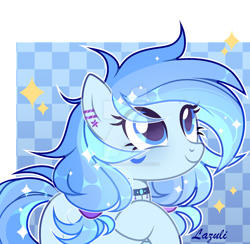 Size: 1024x1001 | Tagged: safe, artist:lazuli, derpibooru import, oc, oc only, earth pony, pony, bust, choker, ear piercing, earring, earth pony oc, eyelashes, jewelry, looking up, piercing, raised hoof, signature, simple background, smiling, solo, transparent background
