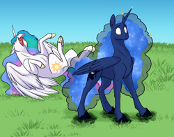 Size: 1200x943 | Tagged: safe, artist:foxenawolf, derpibooru import, princess celestia, princess luna, alicorn, pony, fanfic:off the mark, context is for the weak, ethereal mane, frizzy hair, laughing, lmao, lying down, on back, rofl, scorched, shocked, shocked expression