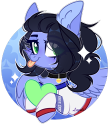 Size: 1698x1944 | Tagged: safe, artist:lazuli, derpibooru import, oc, oc only, pegasus, pony, :p, bust, chest fluff, clothes, collar, commission, ear fluff, eye clipping through hair, heart, heart pillow, pegasus oc, pillow, signature, simple background, solo, tongue out, transparent background, wings, ych result