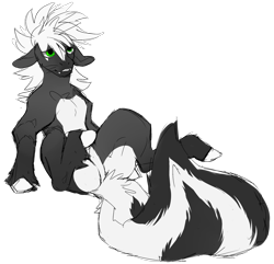 Size: 1834x1765 | Tagged: safe, artist:darkimae, derpibooru import, oc, oc only, oc:reeko, pony, skunk, skunk pony, butt, fangs, feathered fetlocks, long tail, messy hair, simple background, skunk tail, solo, tail, transparent background, underbelly, whiskers